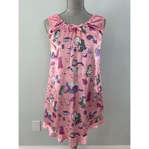 Vintage Y2k Nick and Nora Pink Kitty Cat Makeup Satin Nightgown Girls' L 10/12 - Picture 1 of 13